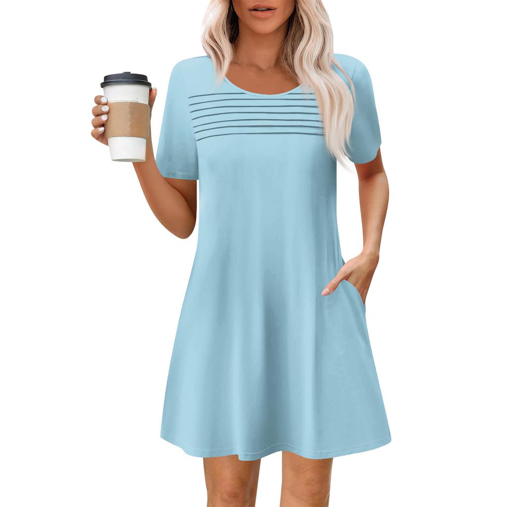 Women's Summer Casual Round Neck Pleated With Pockets Solid Color Short Sleeve Dresses