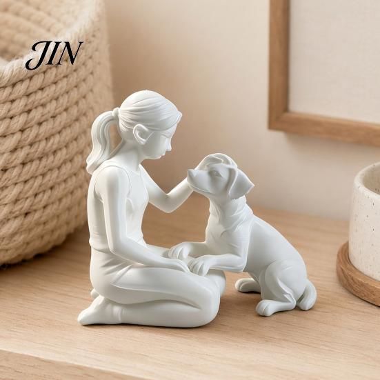 Unique Handcrafted Pet Keepsake 3D Printed Girl with Dog Figurine, Minimalist Squatting Sculpture for Home Emotional Sympathy Gift Decor, Healing