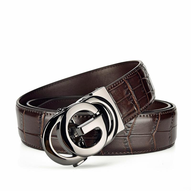 Male Alligator Pattern Leather Belt Imitation Steel Alloy Large G Letter Automatic Buckle, Light Luxury