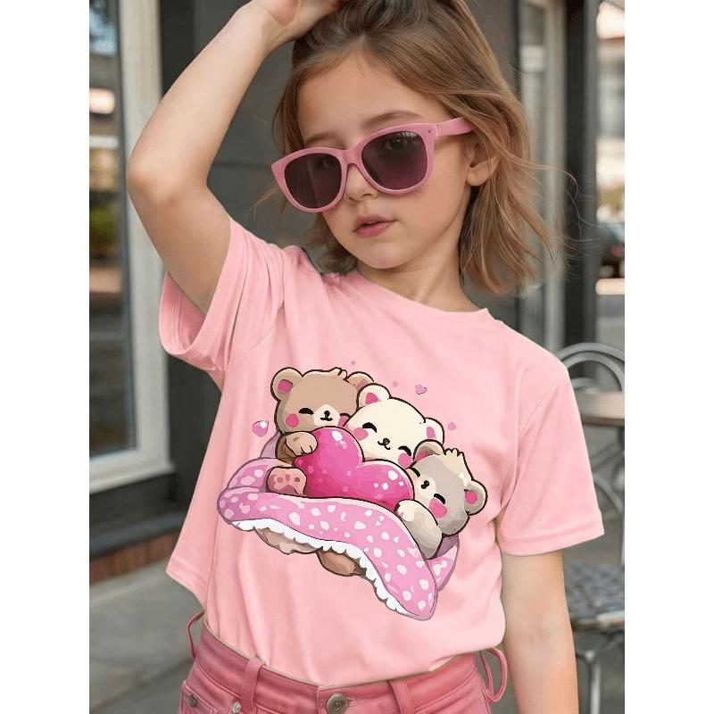 Girls Crewneck Summer T-Shirt, Cute Cartoon Bear With Pink Heart Polka Dot Print Short Sleeve Casual Top
