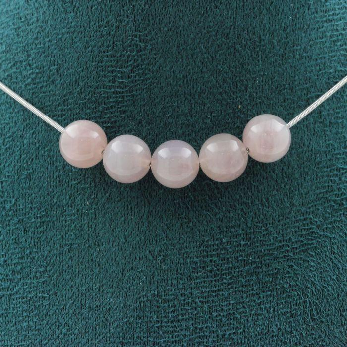 Stones and Minerals. Necklace 5 Beads Madagascar Rose Quartz 8 Mm Steel Chain Necklace for Women, Men. Customizable Size.