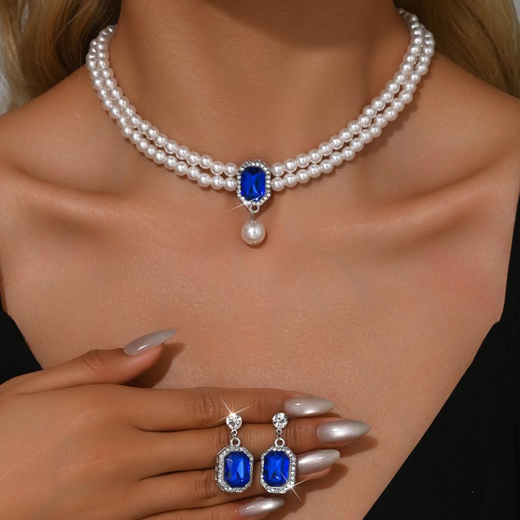 Ladies Two Layer Pearl Shines Oblong Crystal Necklace & Ear Drop Jewelry Set