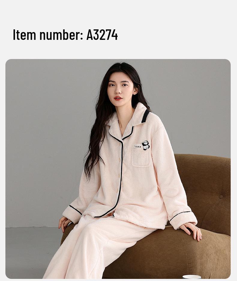 Women's Winter Flannel Pajama Set: Long Sleeve Cardigan & Warm Coral Fleece with Cartoon Panda Design