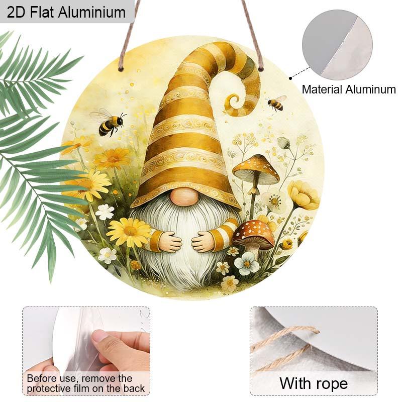 Spring Gnome Round Metal Sign, Aluminum Wreath Sign with Bumble Bee & Mushroom, Cute Honey Bee Tomte Hanging Plaque, Rustic Farmhouse Front Door Porch