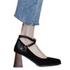Thick heel high heels autumn 2024 new matte leather splicing retro square head cross buckle Mary Jane shoes women
