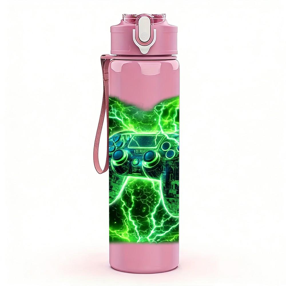 1PC Green Lightning Energy Square Print 750ml Color Plastic Sports Water Bottle Leakproof Flip Straw Lid Suitable for Sports Office Home Use