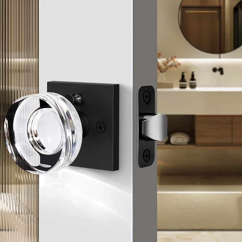 Privacy Crystal Door Knob, Gold Vintage Crystal Door Knob with Privacy Lock, Glass Doorknob Interior for Bathroom, Bedroom, Satin Brass