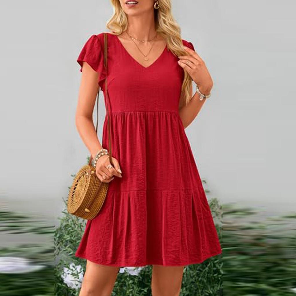 Женские летние повседневные однотонные платья с короткими рукавами и V-образным вырезом, многоуровневые платья с рюшами и трапециевидной формы с карманами