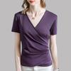 Ice-sensing Mercerated Cotton Short-sleeved T-shirt for Women's New Women's Solid Color Pure Cotton T-shirt Cross V-neck Design Top