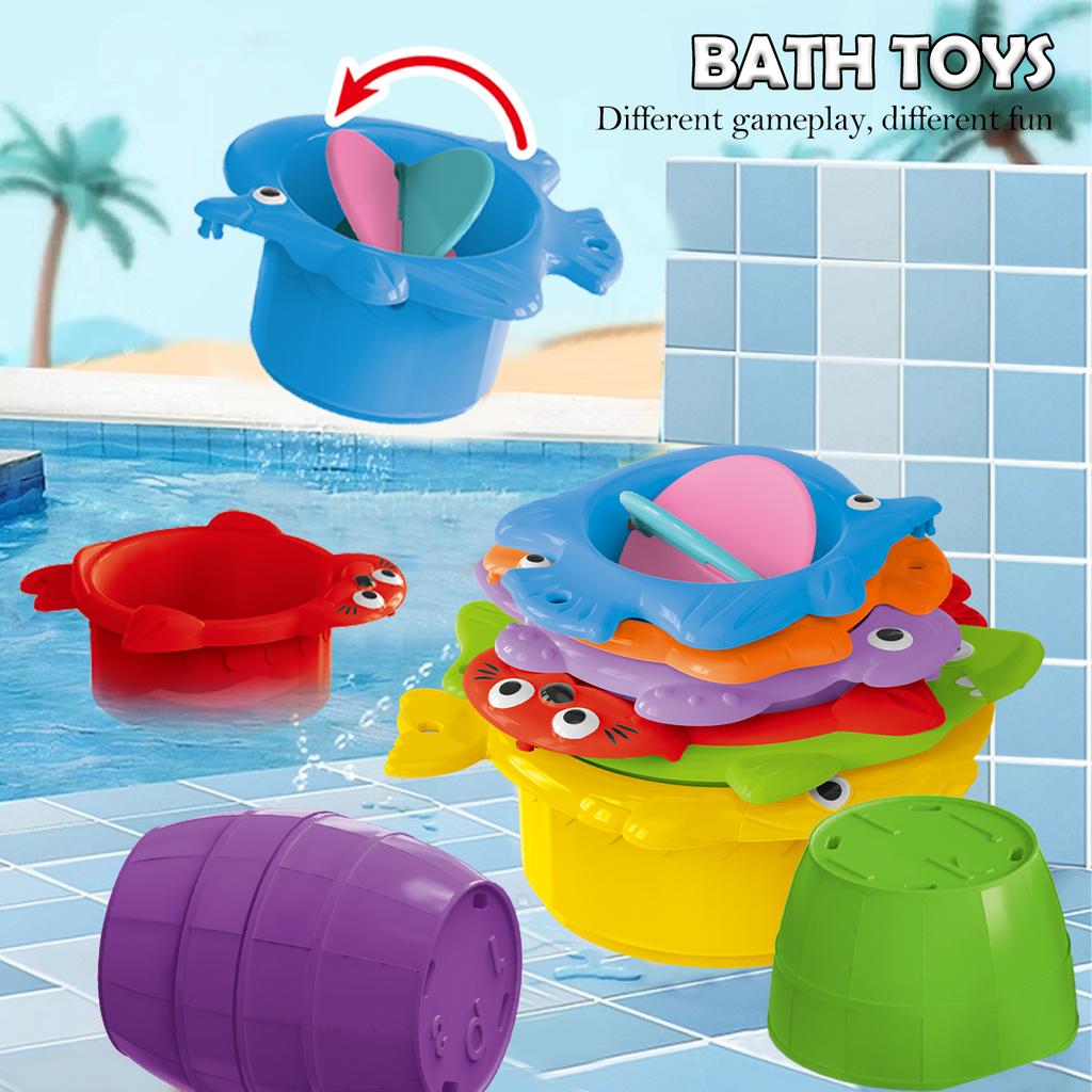 Toddler Stacking Bath Toys, Random Colors Cups Basket Summer Water Bathroom Beach Game Gifts for Boys and Girls Some Part Random