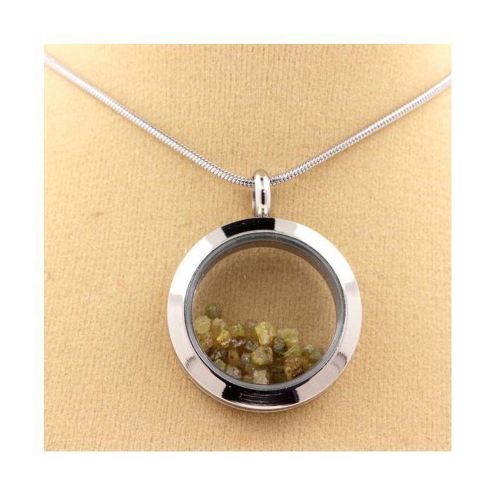 Stones and Minerals. Raw Green Yellow Diamond Necklace. 20 Mm Medallion Model. Color Silver.