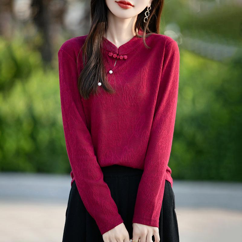 Осень и зима Новый китайский Женский трикотажный топ с пуговицей на пластине Мягкая рубашка в стиле ретро