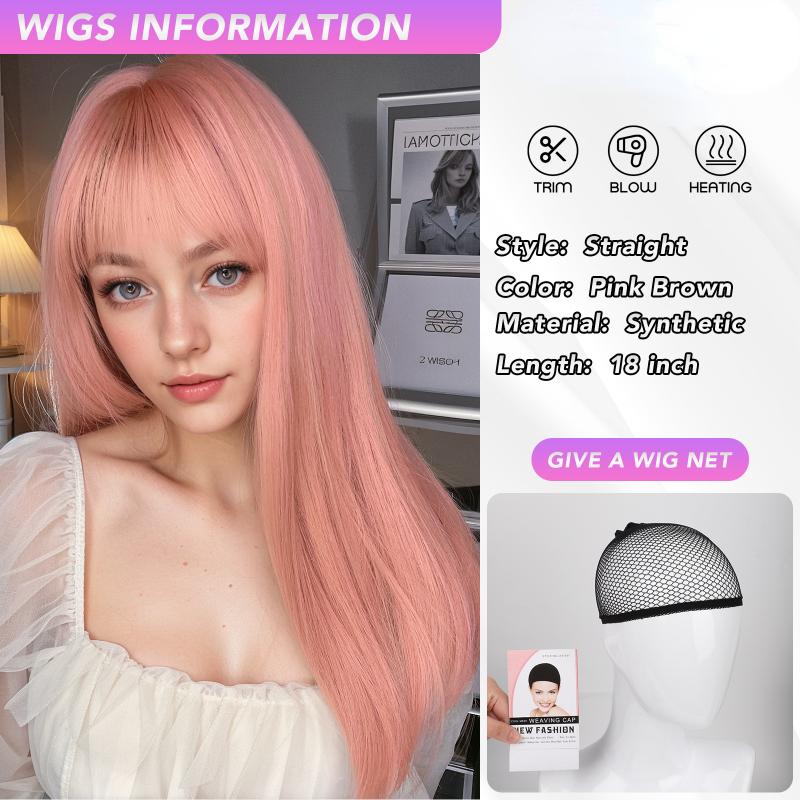 18-дюймовый розовый парик с прямой челкой, синтетический парик из волокна, термостойкий, без бликов, натуральный косплей для женщин, повседневное использование, корейская мода