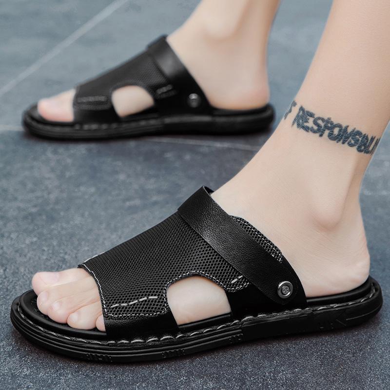 2024 Summer Men's Genuine Leather Black Sandals Non Slip and Wear Resistant Outdoor Beach Shoes Men's Dual Purpose Casual Shoes