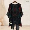 Women Plus Size Round Neck Batwing Sleeve Loose Skull Printed Top Black Purple Pink Side Slit Hem