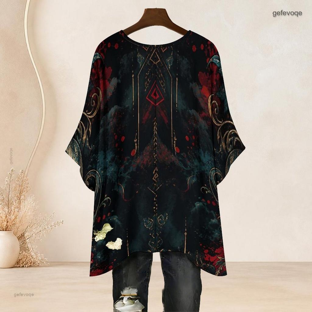 Women Plus Size Round Neck Batwing Sleeve Loose Skull Printed Top Black Purple Pink Side Slit Hem