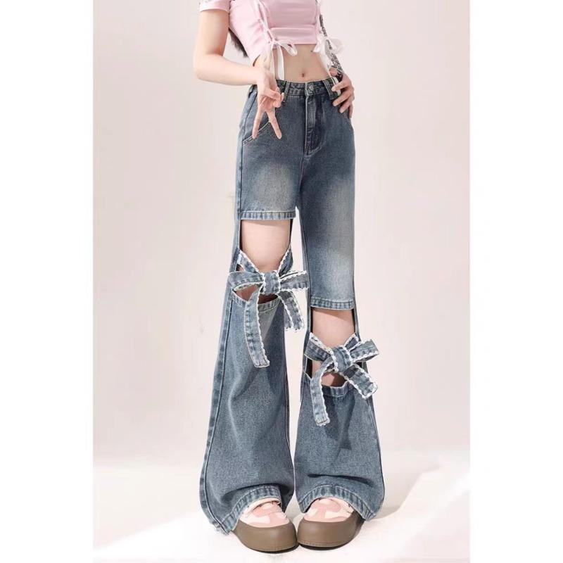 Женские джинсы Y2k Bow Jeans Baggy Harajuku Trashy Hollow Out Oversize Denim Брюки Эстетические джинсовые брюки Винтажная одежда