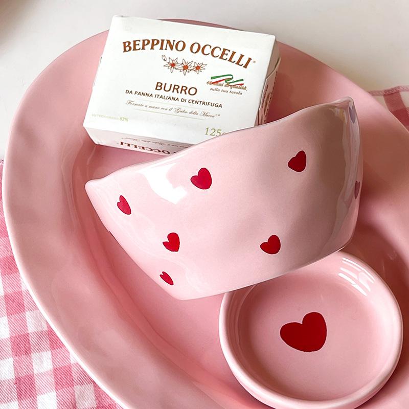 Салатница Розовая Керамическая Тарелка с Узором В Виде Сердца Кофейная Чашка Детская Десертная Чашка Милые Бытовые Обеденные Тарелки Посуда Для Ресторана