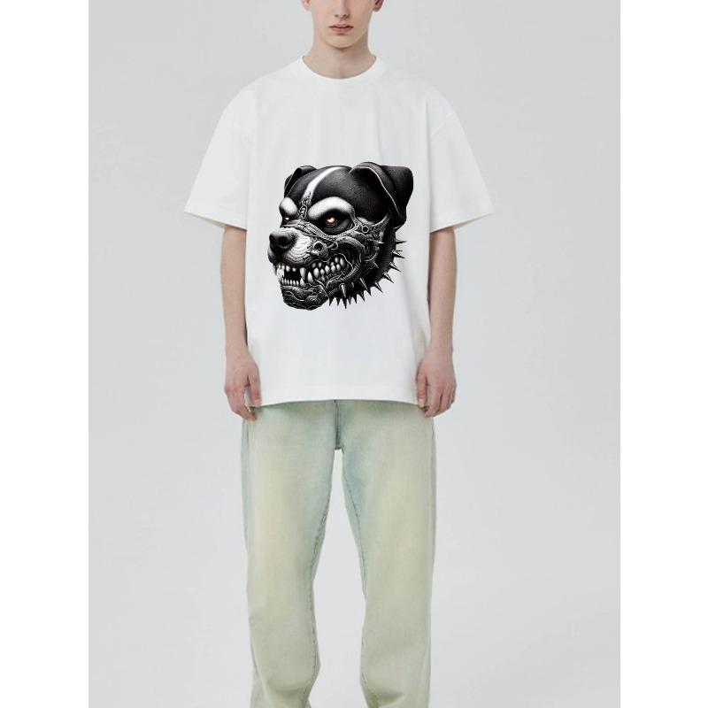 Black T Shirt with Dog Head Mechanical Design for Casual Wear