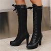 Fashion Women's Round Toe Knee High Boots Leather Lace Hollow Out Punk Lace-Up Steampunk High Heel Shoes Plus Size 34-50 White Red Black