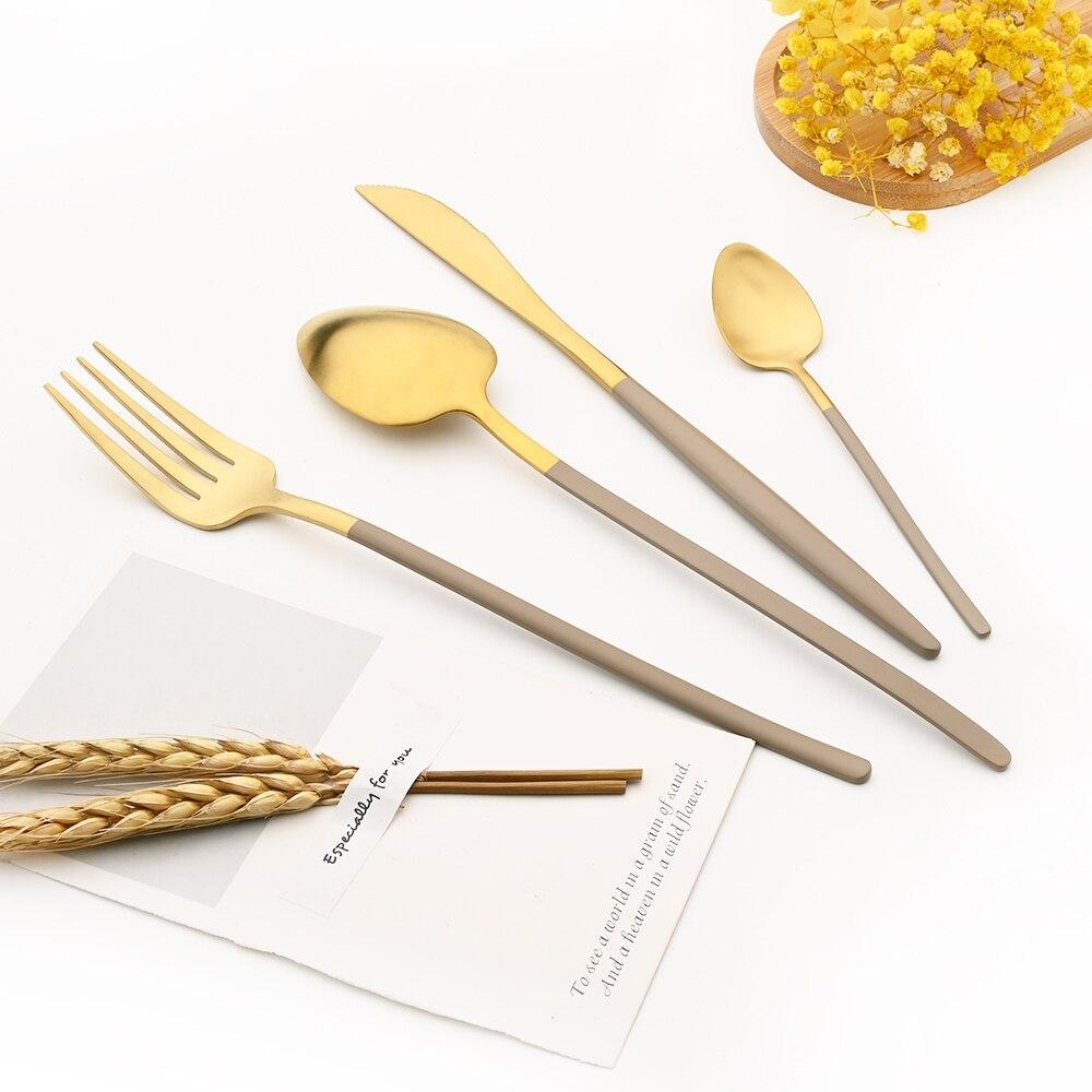 Набор столовых приборов из коричневого золота, столовое серебро, высококачественные столовые приборы, вилки, ножи, набор ложек для кухонного набора столовой посуды