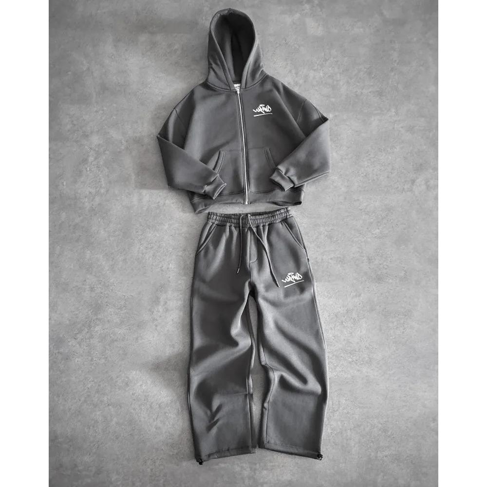 Спортивный костюм в стиле Y2K, свободная толстовка с капюшоном на молнии, прямые брюки, комплект из двух предметов, для пары, мягкий и удобный, студенческий тренд