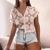 Fashion Ladies Short Sleeve Solid Color Hollow Out Knitted Crochet Pullover Cover-up Blouse Top