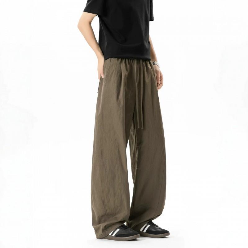 Mens Casual Pants Solid Color Splicing Straight Leg Trousers Retro Pleated High Street Drawstring Loose Fit