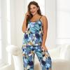 Women's Elegant Leaf Print Satin Pajama Set V Neck Cami Top and Elastic Pants for Comfortable Sleep and Lounging Sleepwear