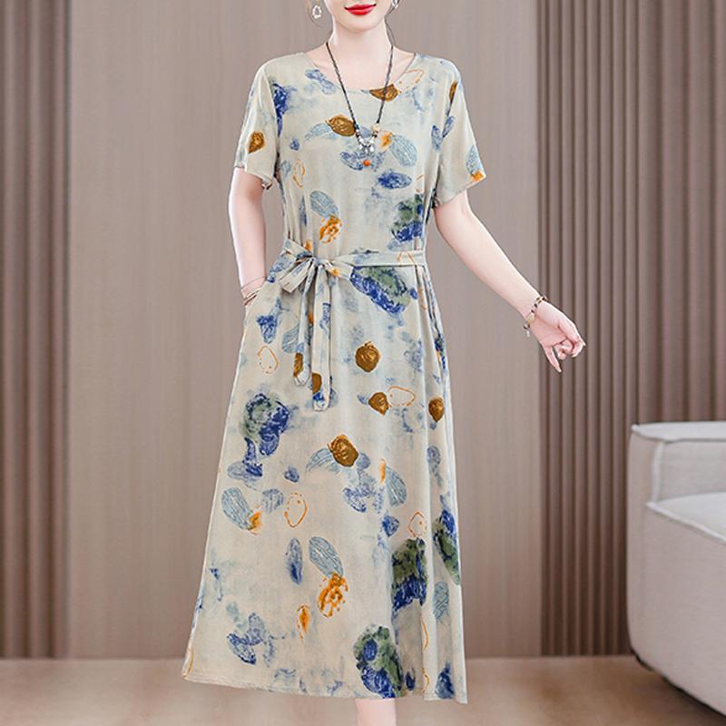 Летнее винтажное платье для женщин, повседневные платья больших размеров с короткими рукавами и поясом, элегантная женская одежда среднего возраста