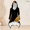 Women Plus Size Black Gold Green Printed Hooded Long Sleeve High Low Top And Fitted Pants Two Piece Set