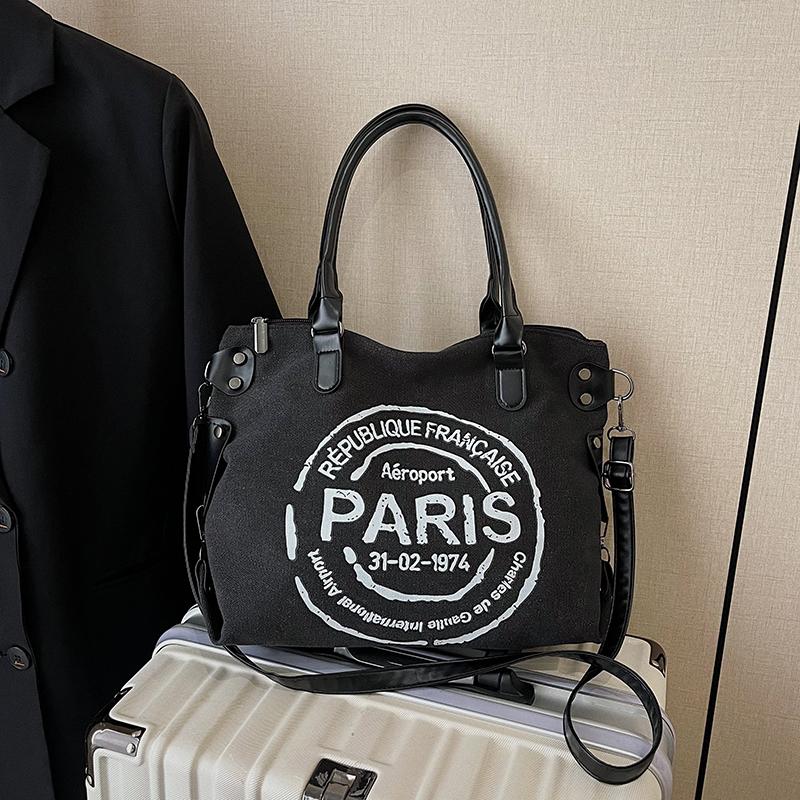 Большая сумка-тоут из ретро-холща - регулируемый плечевой ремень с принтом винтажных парижских штампов - стильная сумка через плечо для женщин
