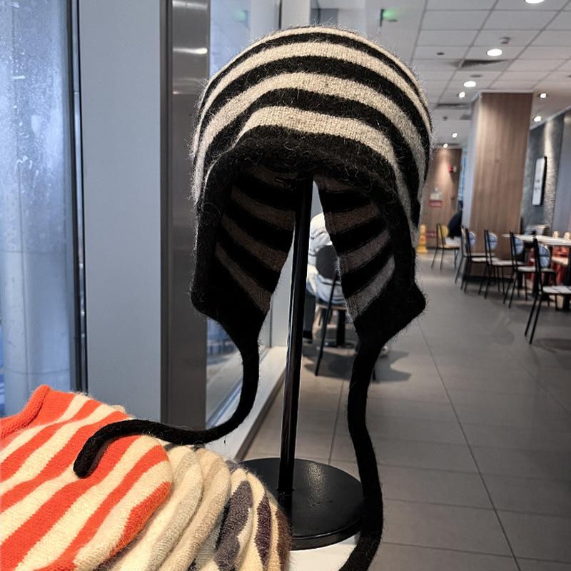 Contrasting Stripes Rabbit Hair Blended Hat Warm Wool Hat Curled Knitted Hat Windproof Ear Protector Split Cold Hat