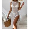 Vacation Sexy Solid Color Hollowing Out Round Neck Sleeveless Dresses Breathable Knitted Long High Slit Dress Beach Sun Protection Cover Up