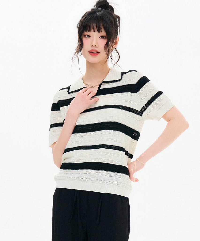 CHASECULT Women'S Striped Open Collar Short Sleeve Summer Knit-Fbrg5672D0A