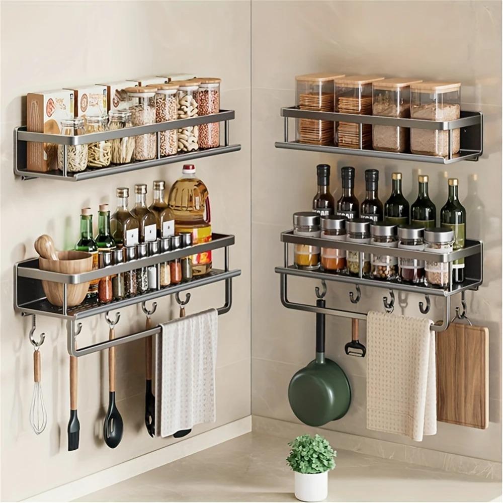 Wall Mounted Spice Rack Aluminum Hanging Spice Jar Holder for Kitchen Storage Rack Kitchen Wall Shelf Seasoning Spice Organizer