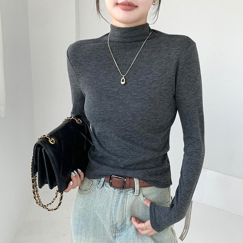 Футболка-основа с полувысоким воротом, женская осенне-зимняя теплая футболка с длинным рукавом, облегающий однотонный универсальный топ со средним воротом