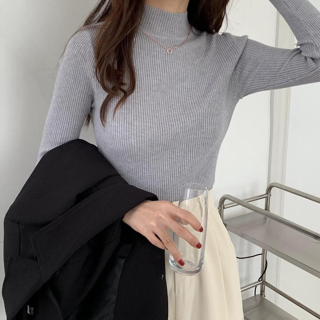 Женский стильный облегающий трикотажный свитер с полуводолазкой - длинный рукав, осенне-зимний топ