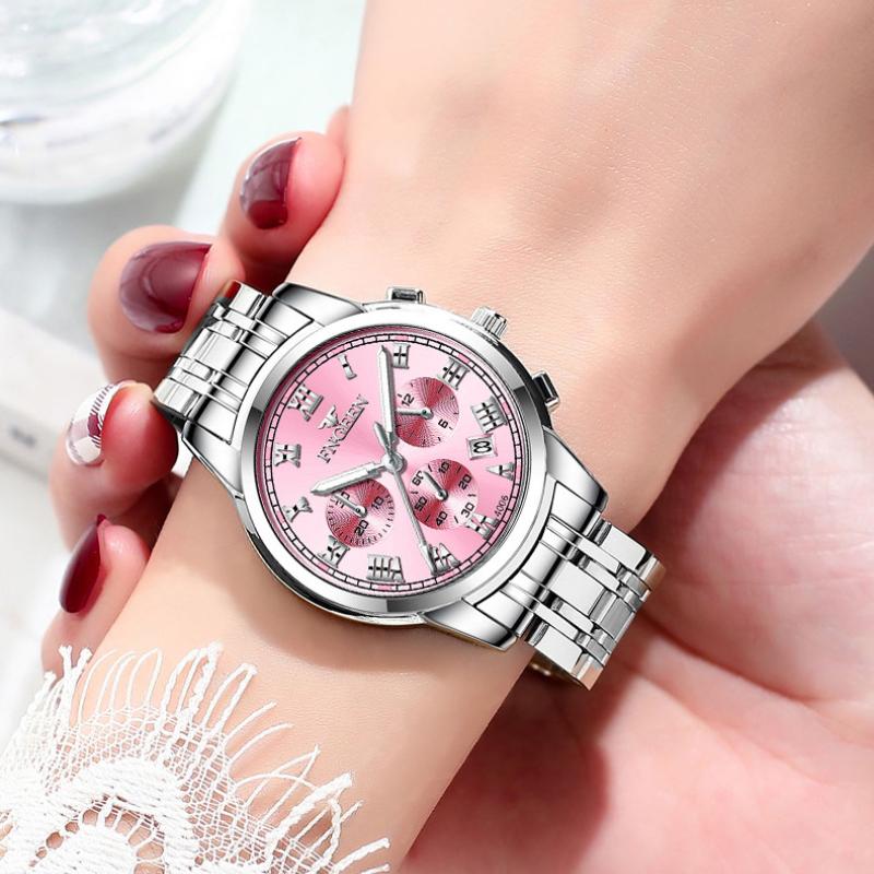 Женские часы, серебряные водонепроницаемые светящиеся календари из нержавеющей стали, модные кристально-розовые женские кварцевые часы