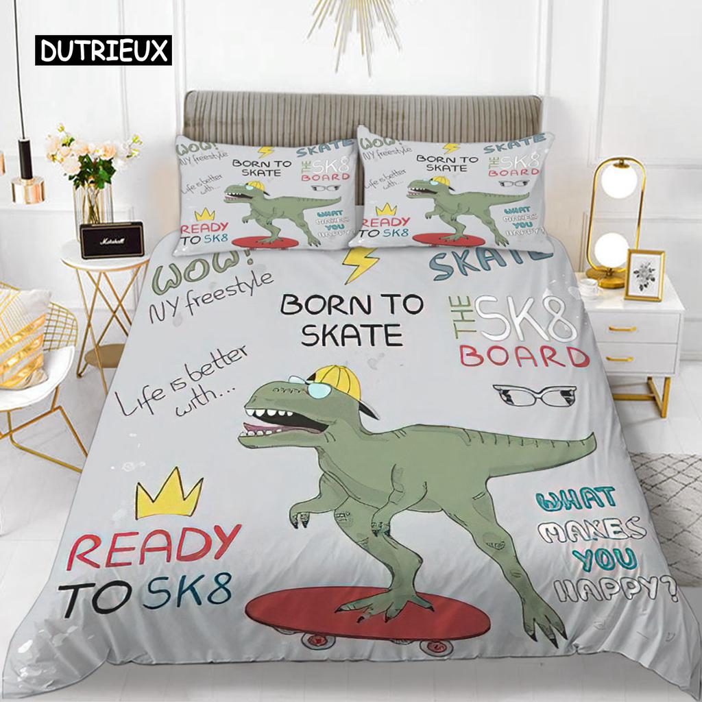 Cartoon Dinosaur Duvet Cover Set King Microfiber Cute Cartoon Dino Comforter Cover Set Jungle Animals Bedding Set for Baby Girls