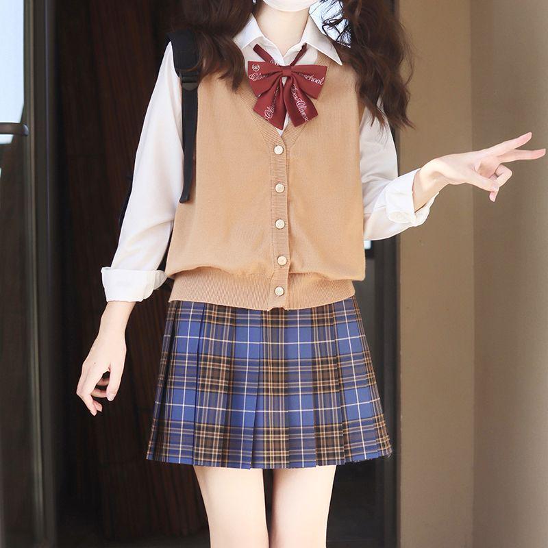 Оригинальный темно-синий кардиган-жилет JK - Вязаный свитер с V-образным вырезом в японском школьном стиле