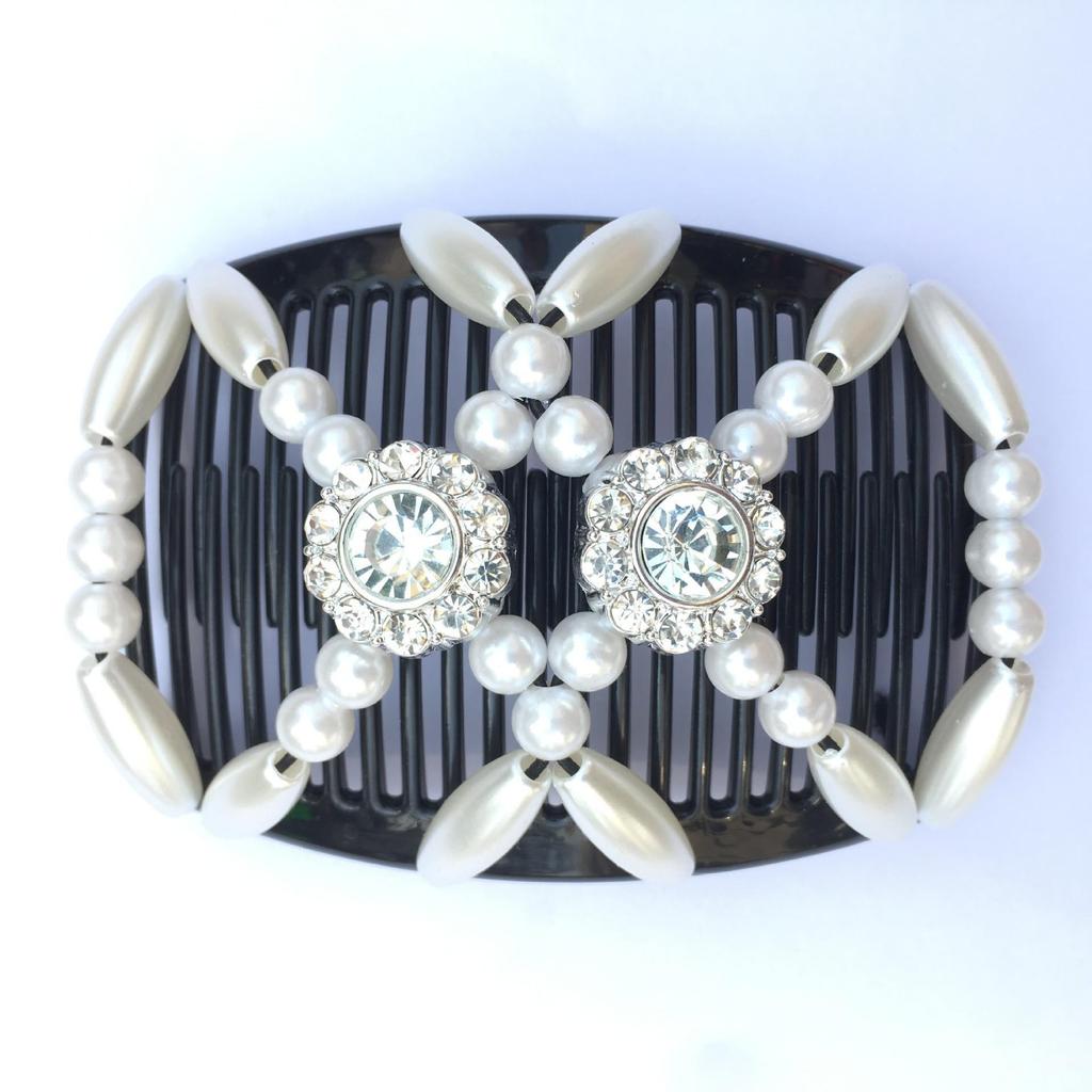 Большой ручной эластичный гребень для волос с бусинами и цветочным украшением - Универсальный двухрядный вкладыш для укладки и создания пучков