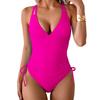 Summer Swimsuit High Waist Elastic Deep V Neck Pleated Hollow Out Beachwear
