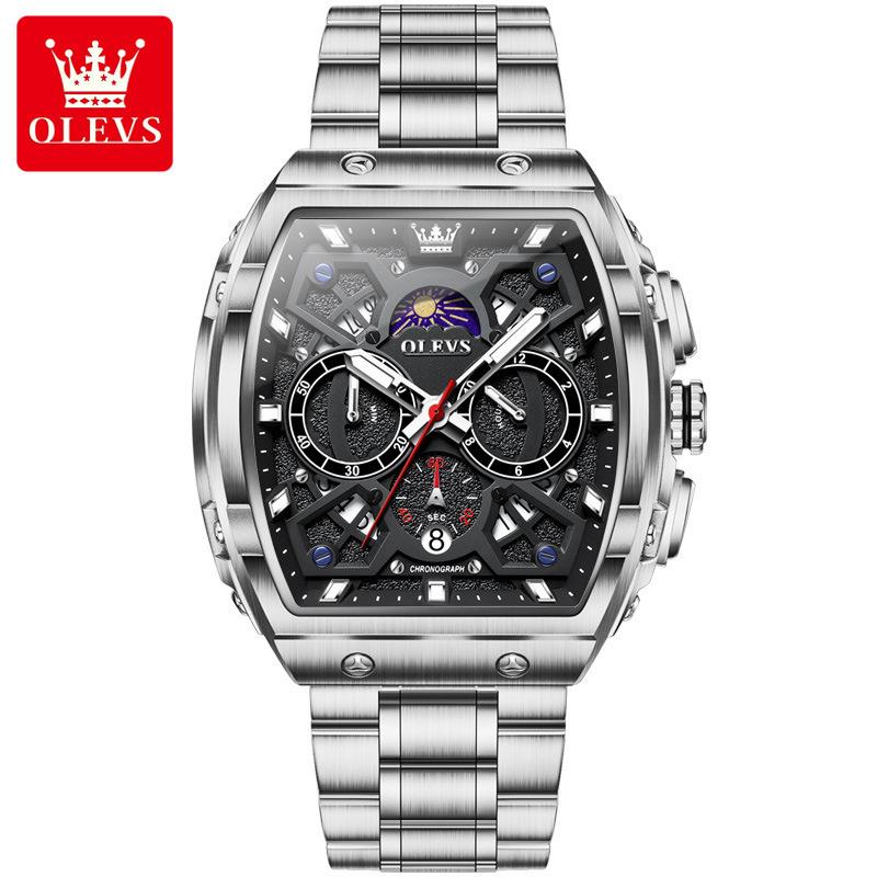 OLEVS Mens Chronograph Watch Original Tonneau Quartz Watch Waterproof Luminous Stainless Steel Watches For Men