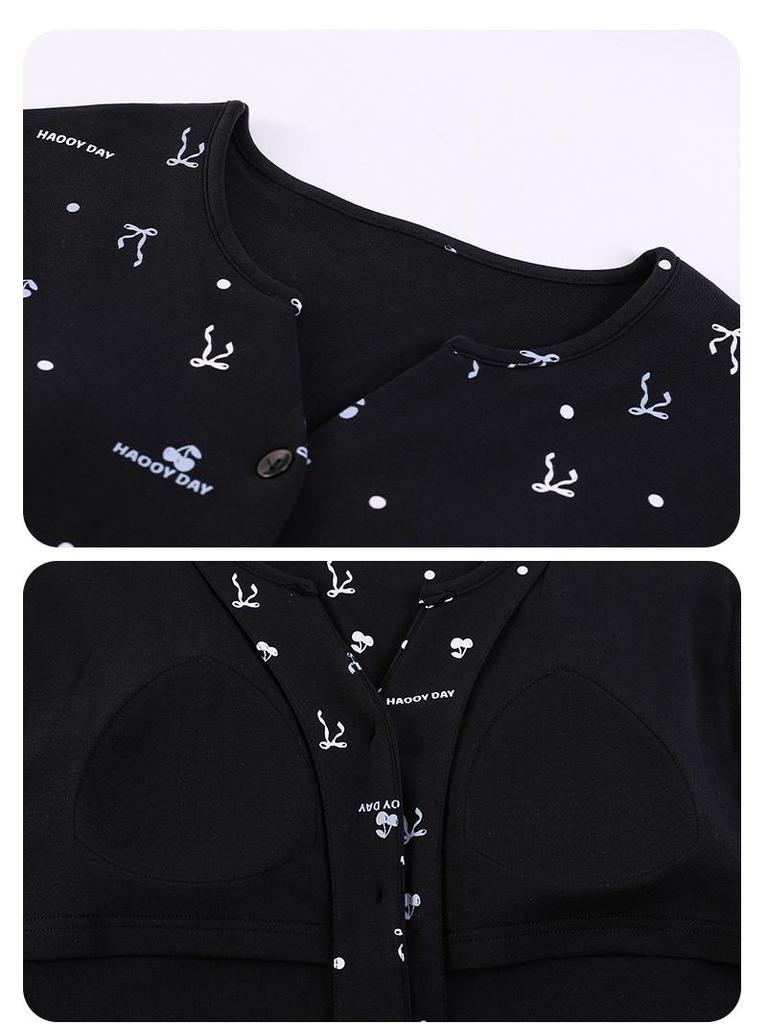 Женская пижама кимоно из хлопка с длинным рукавом и нагрудными вкладышами - милый мультяшный комплект с V-образным вырезом для весны и осени