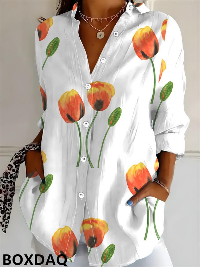 Women's New Elegant Blouse Autumn Fashion Women's Top Loose Flower Pattern Printed Button Long Sleeved Lapel Casual Shirts