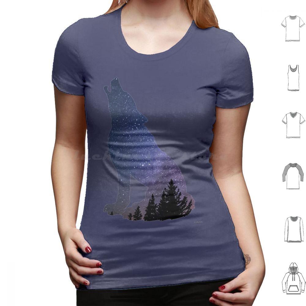 Футболка с волком, воющим на ночное небо, Большой размер, 100% хлопок, Волк, Ночное небо, Вой, Лес, Силуэт, Фиолетовый, Темные звезды, Животное, Дикий
