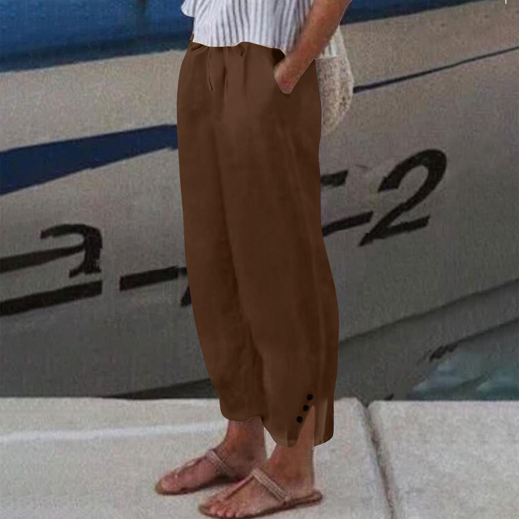 Женские льняные укороченные брюки - повседневные брюки с разрезом на пуговицах