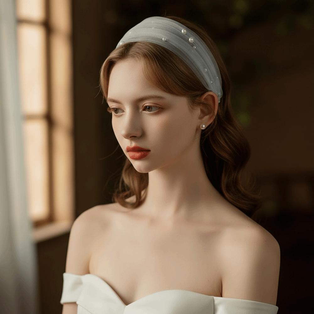Hair Ornament Brides Beaded Hairband Pearl Ribbon Pearl Headband Elegant Detachable Bridal Veil