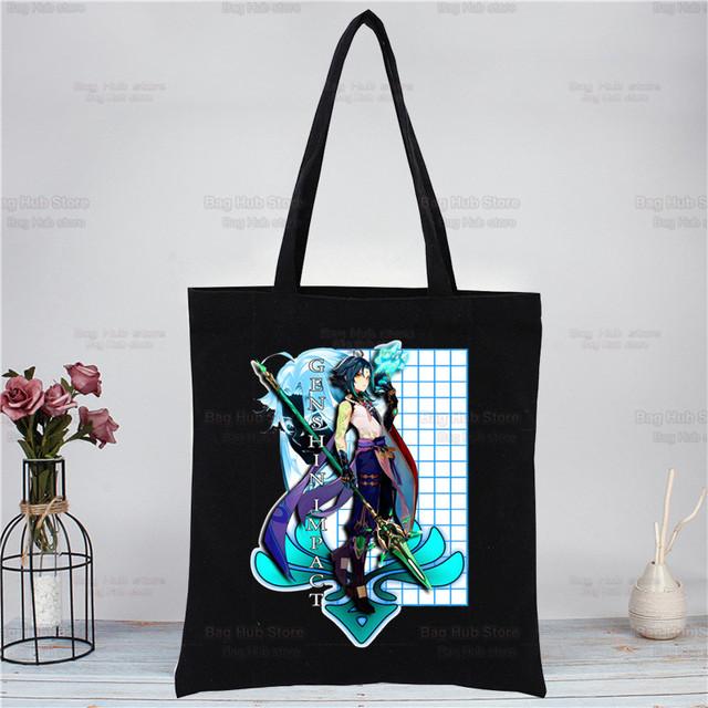 Genshin Impact Xiao аниме-игровые сумки, тканевая холщовая большая сумка, черная сумка для покупок, путешествий, женские эко-многоразовые сумки на плечо для покупок